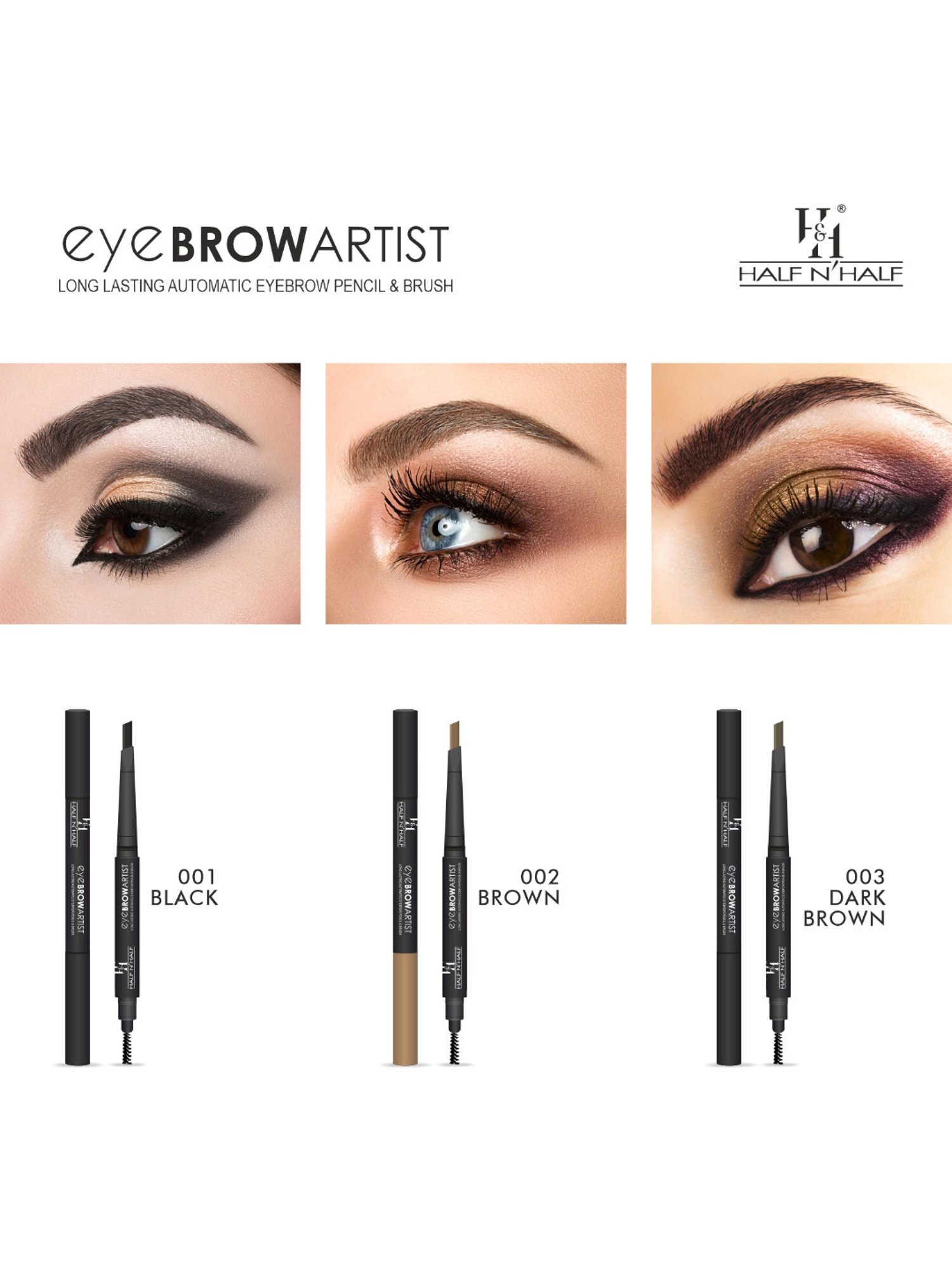 Half N Half Eye Brow Artist Long Lasting Automatic Eyebrow Pencil & Brush 001 Black - 4 gm