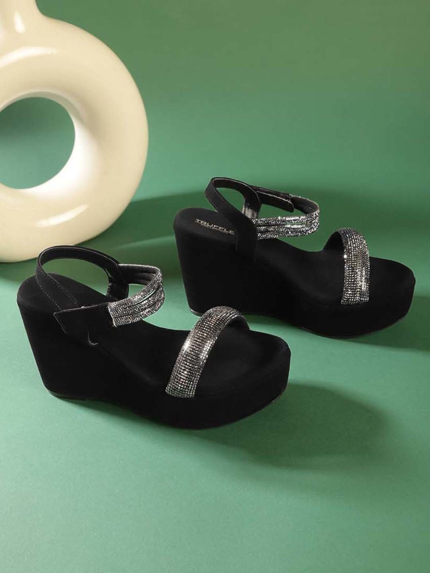 Truffle Collection Women's Black Ankle Strap Wedges