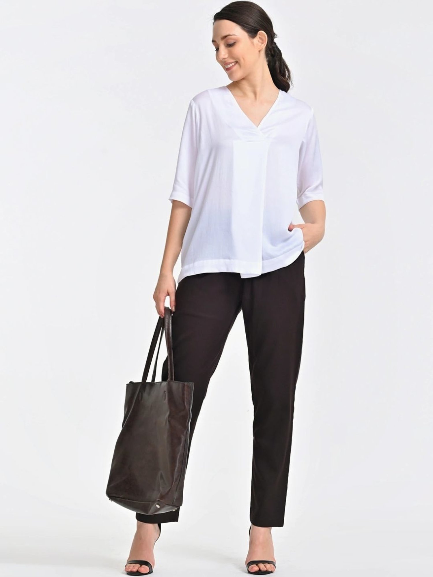 Saltpetre Cream Front Pleat Top With Brown Trousers Co-ords Set