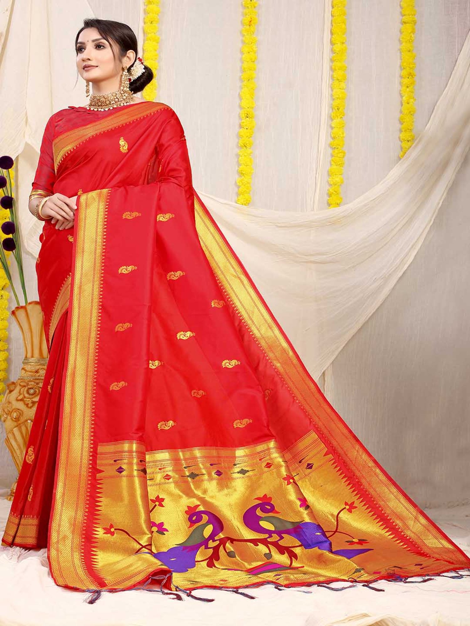 SHUBHKALA Red Silk Woven Saree With Unstitched Blouse
