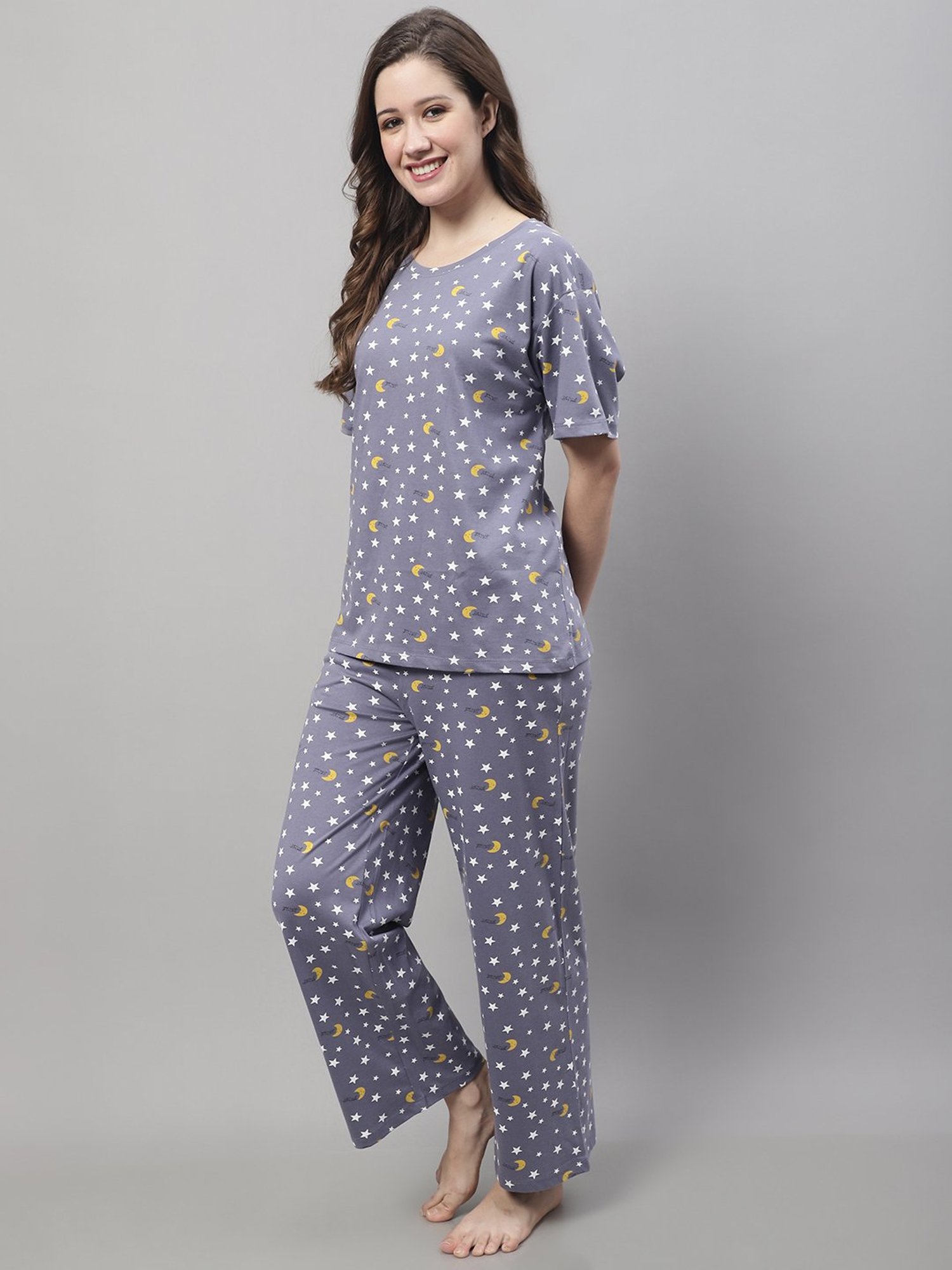 Kanvin Blue Cotton Printed Top Pyjamas Set