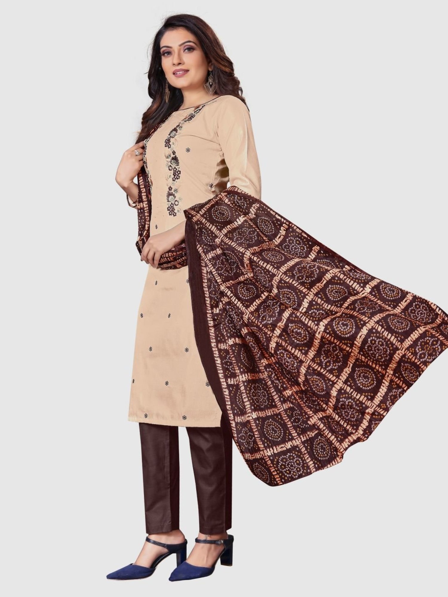 APNISHA Beige Embroidered Unstitched Dress Material