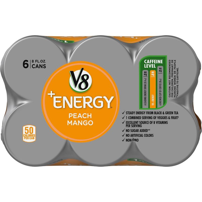 V8 V-Fusion +Energy Peach Mango Vegetable & Fruit Juice - 6pk/8 fl oz Cans