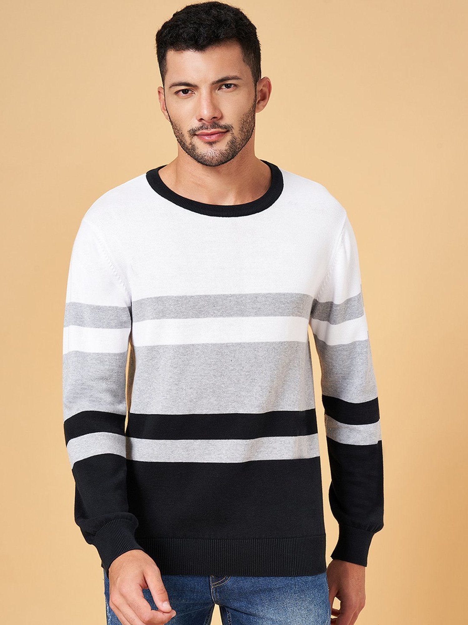 Byford by Pantaloons Black & White Cotton Slim Fit Colour Block Sweater