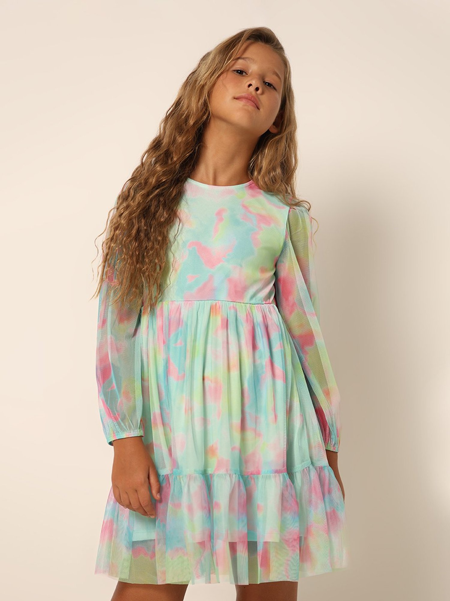 VERO MODA GIRL Multicolor Tie-Dye Full Sleeves Fit & Flare Dress