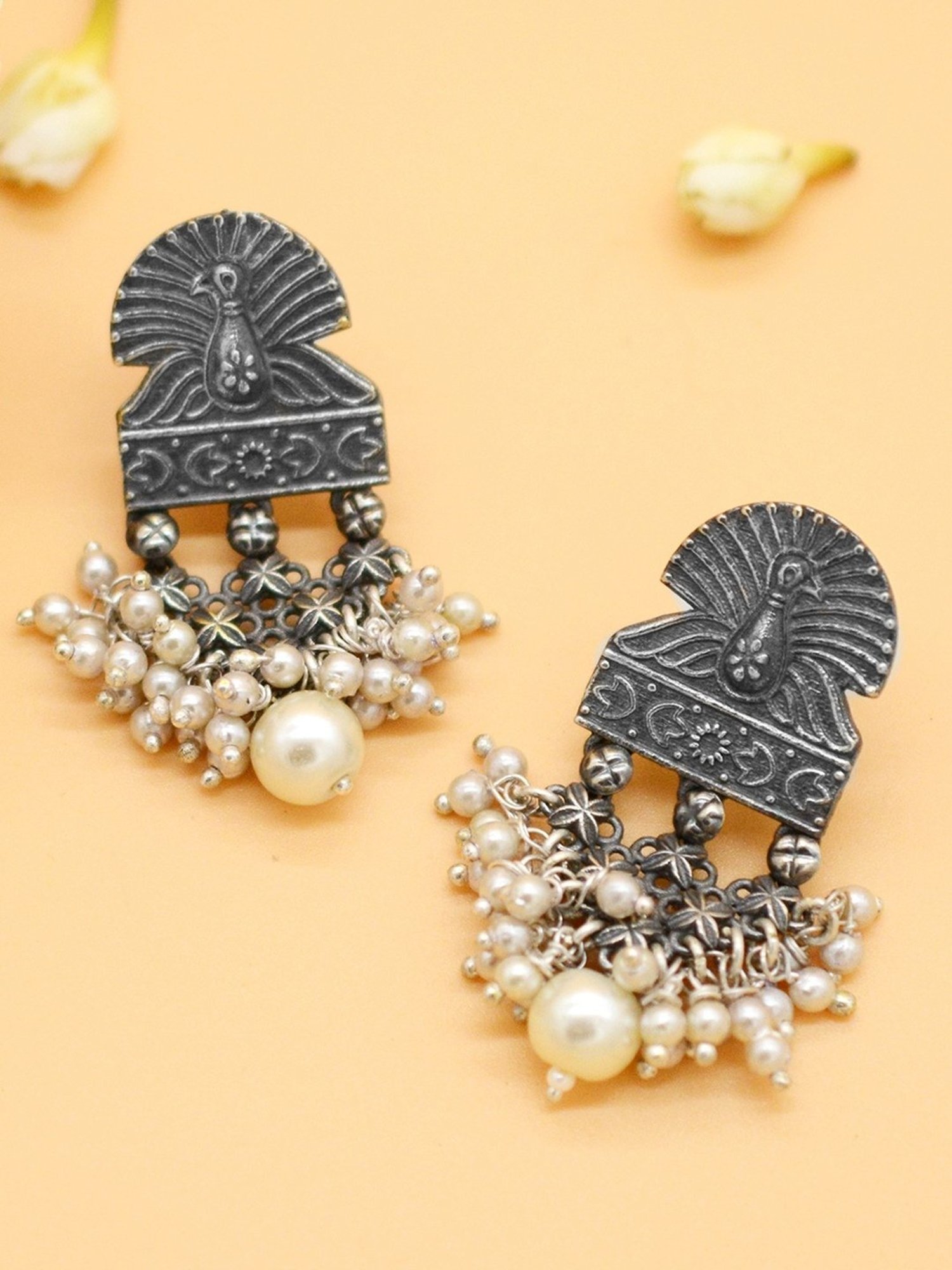 Teejh Ethnic Antique Silver Peacock Pearl Dangler Earrings