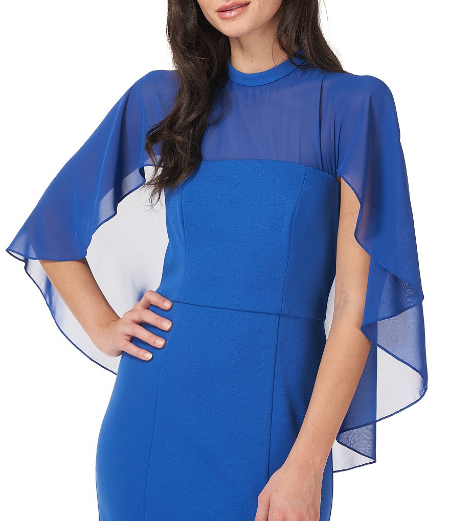 JS Collections Chiffon Capelet Stretch Crepe Crew Illusion Crew Neck Midi Dress