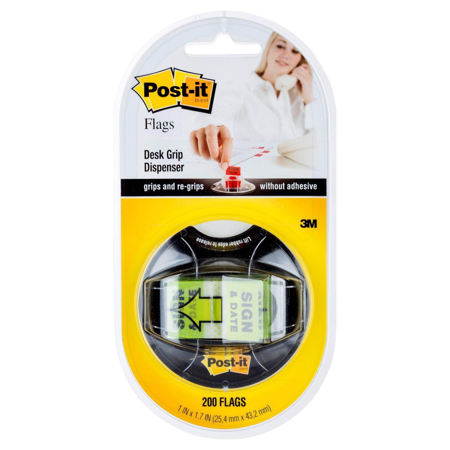 Post-it Message Flags,"Sign and Date", Bright Green, 1-Inch Wide, 200/Desk Grip Dispenser, 1-Dispenser/Pack