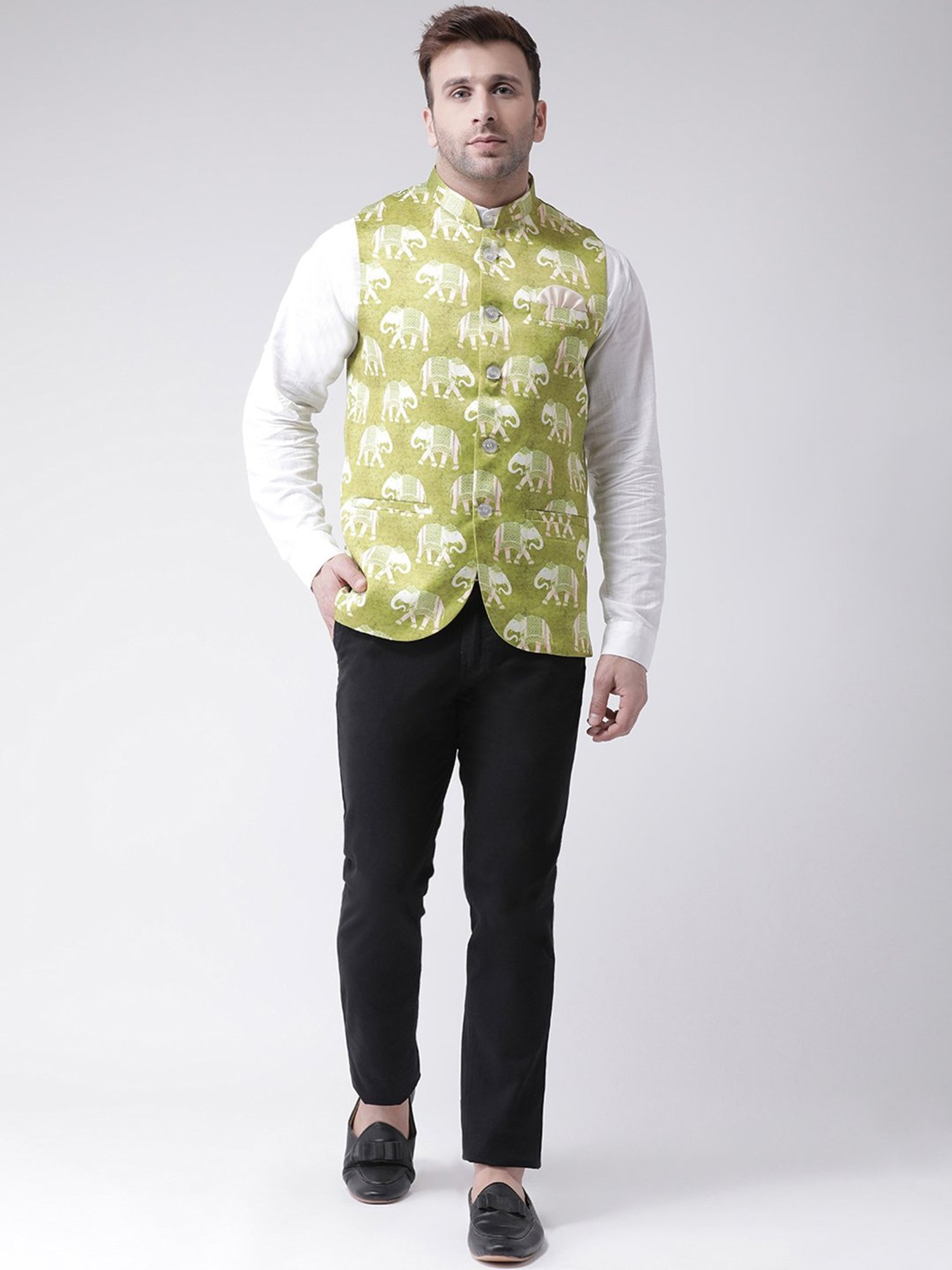 Hangup Plus Lime Green Regular Fit Printed Nehru Jacket