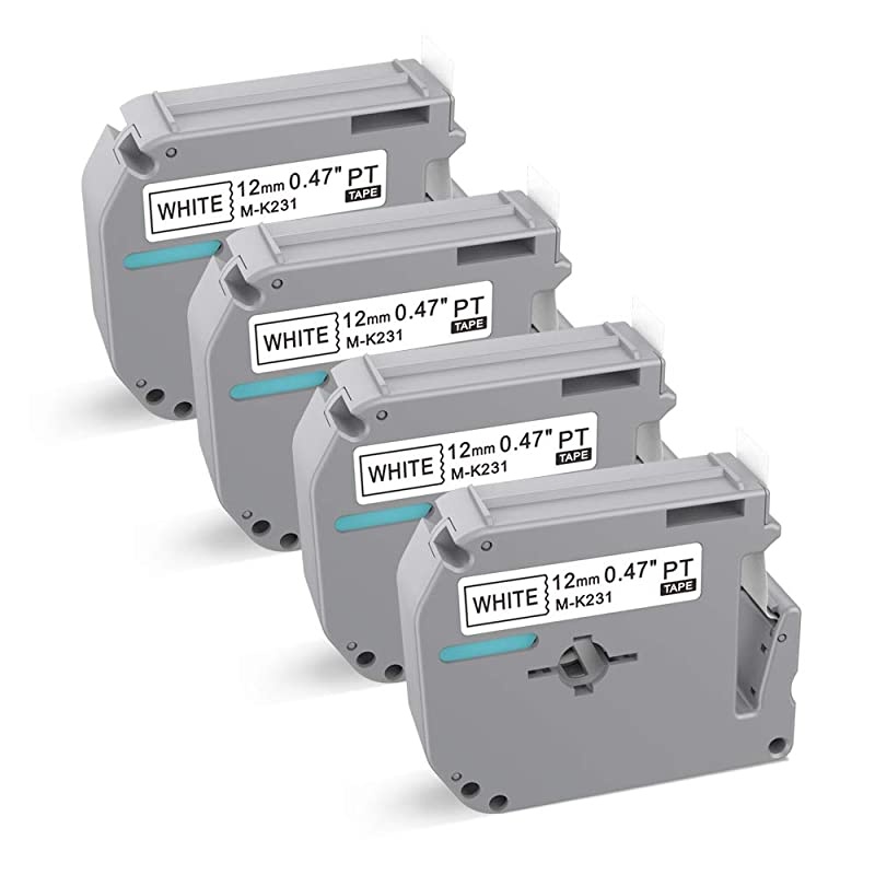 Compatible Label Tape Replacement for Brother Touch MK231 MK231 M231Work with Brother PTouch PTM95 PT90 PT70 PT65 PT70SR 12 Inch x 262 Feet12mm x 8m Black on White 4Pack