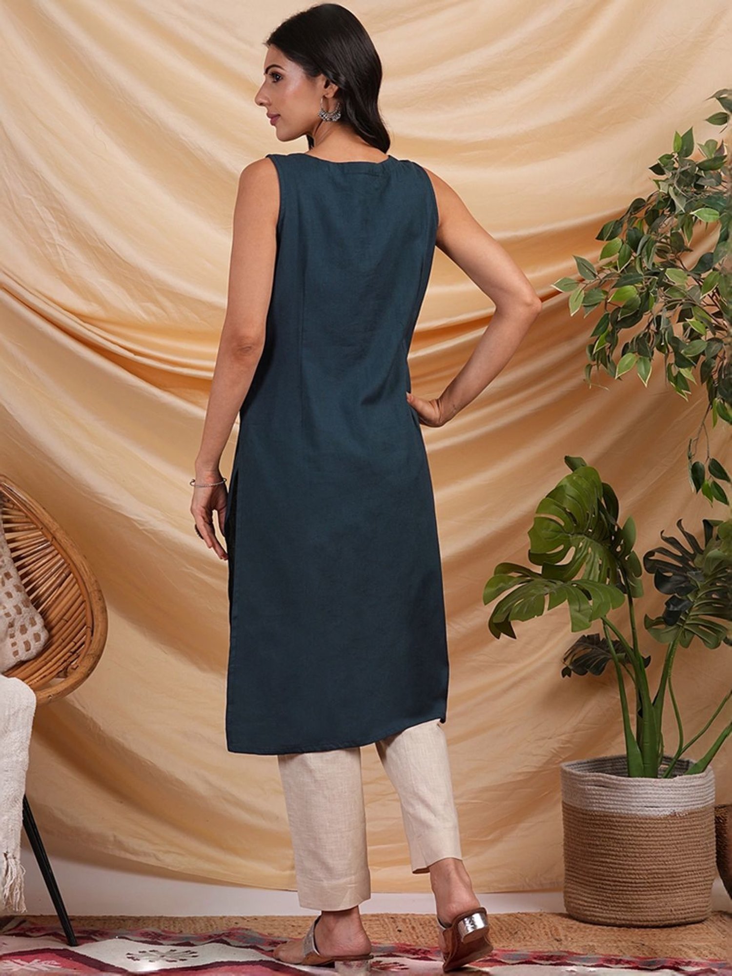 Kami Kubi Blue Cotton Printed Straight Kurta