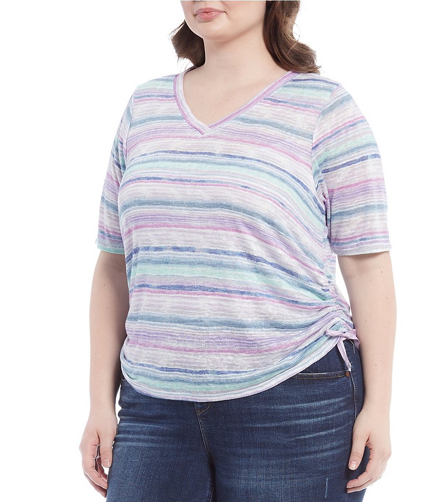 Democracy Plus Size V-Neck Short Sleeve Side Ruched Stripe Knit Tee