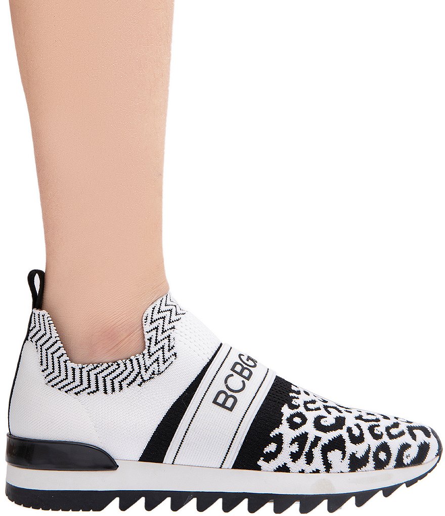 BCBGeneration Lendall Stretch Knit Animal Print Fabric Logo Strap Slip On Sneakers