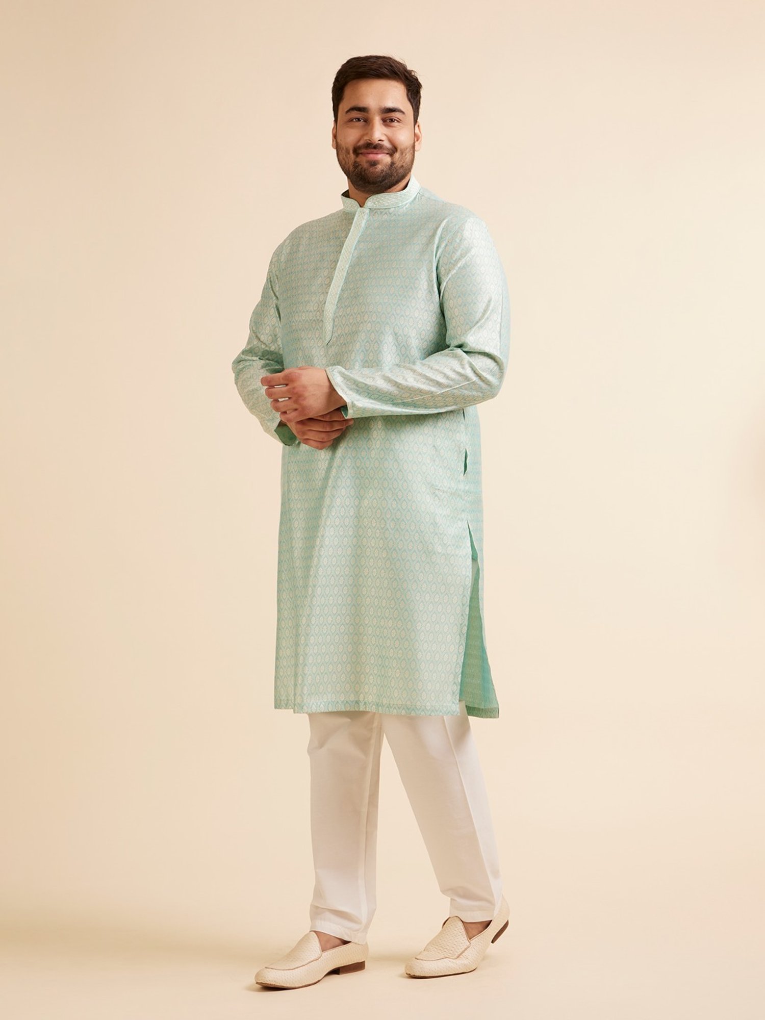 Manyavar Green Regular Fit Embroidered Plus Size Kurta and Pyjama Set