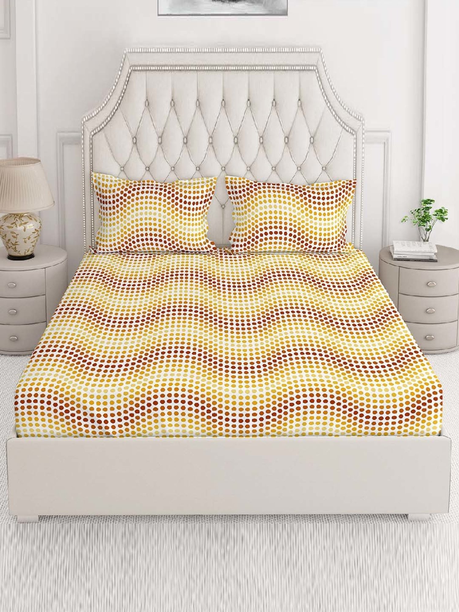 Layers Firenze Yellow Cotton 144 TC King Flat Bed Sheet With 2 Pillow Covers