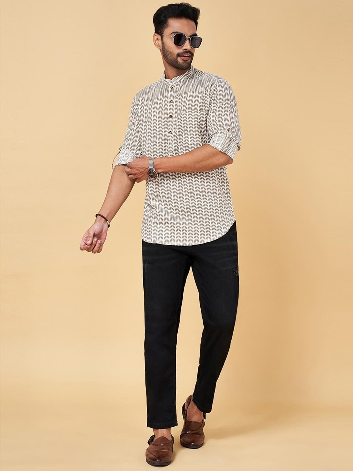 Indus Route by Pantaloons Grey Cotton Regular Fit Printed Short Kurta