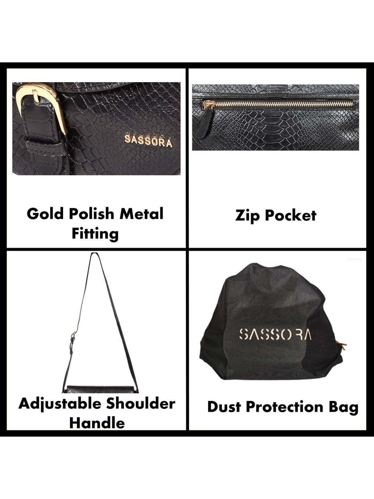 SASSORA Black Textured Medium Sling Handbag