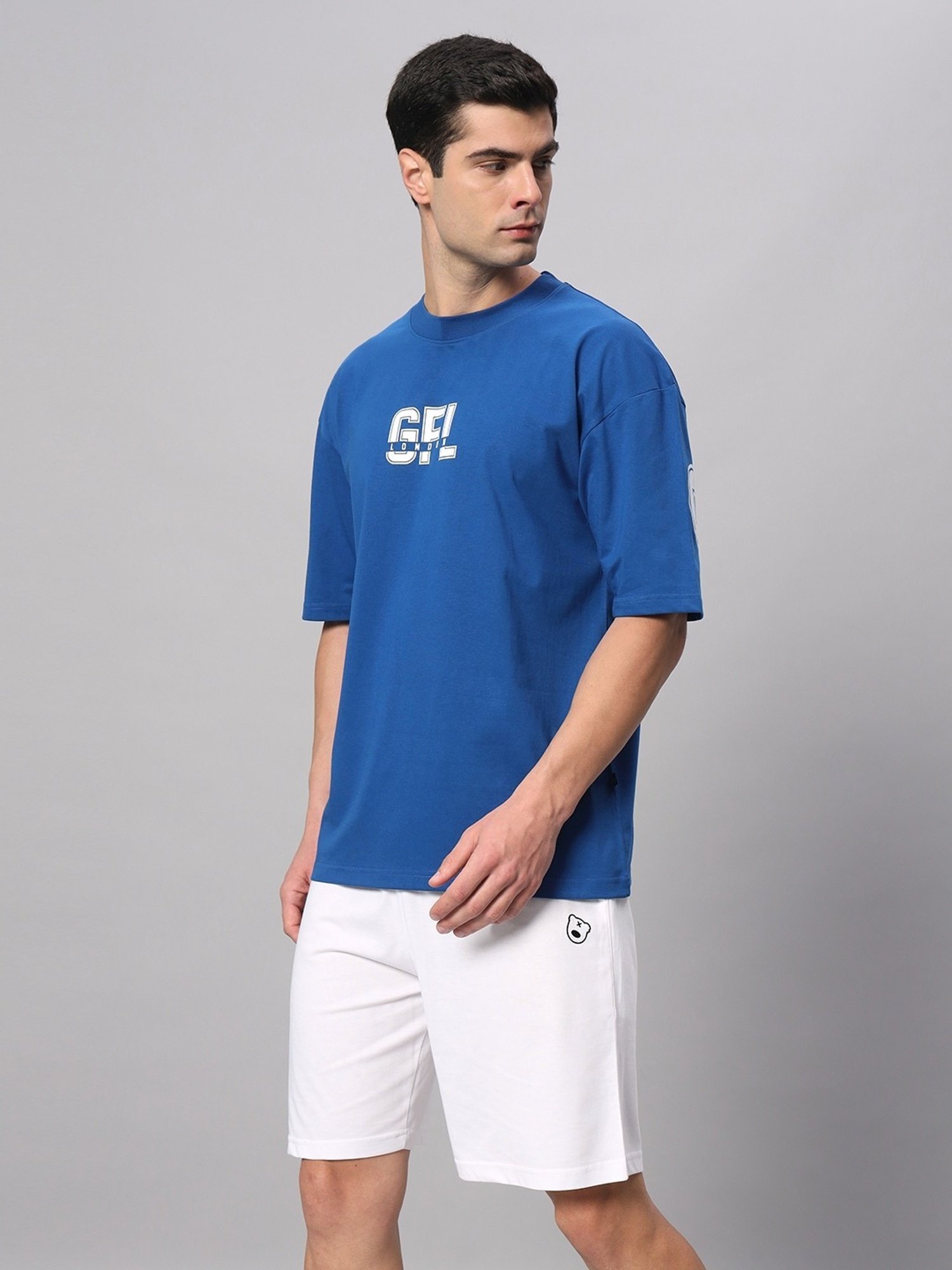 Griffel Blue Cotton Loose Fit Logo Printed Co-Ord Set