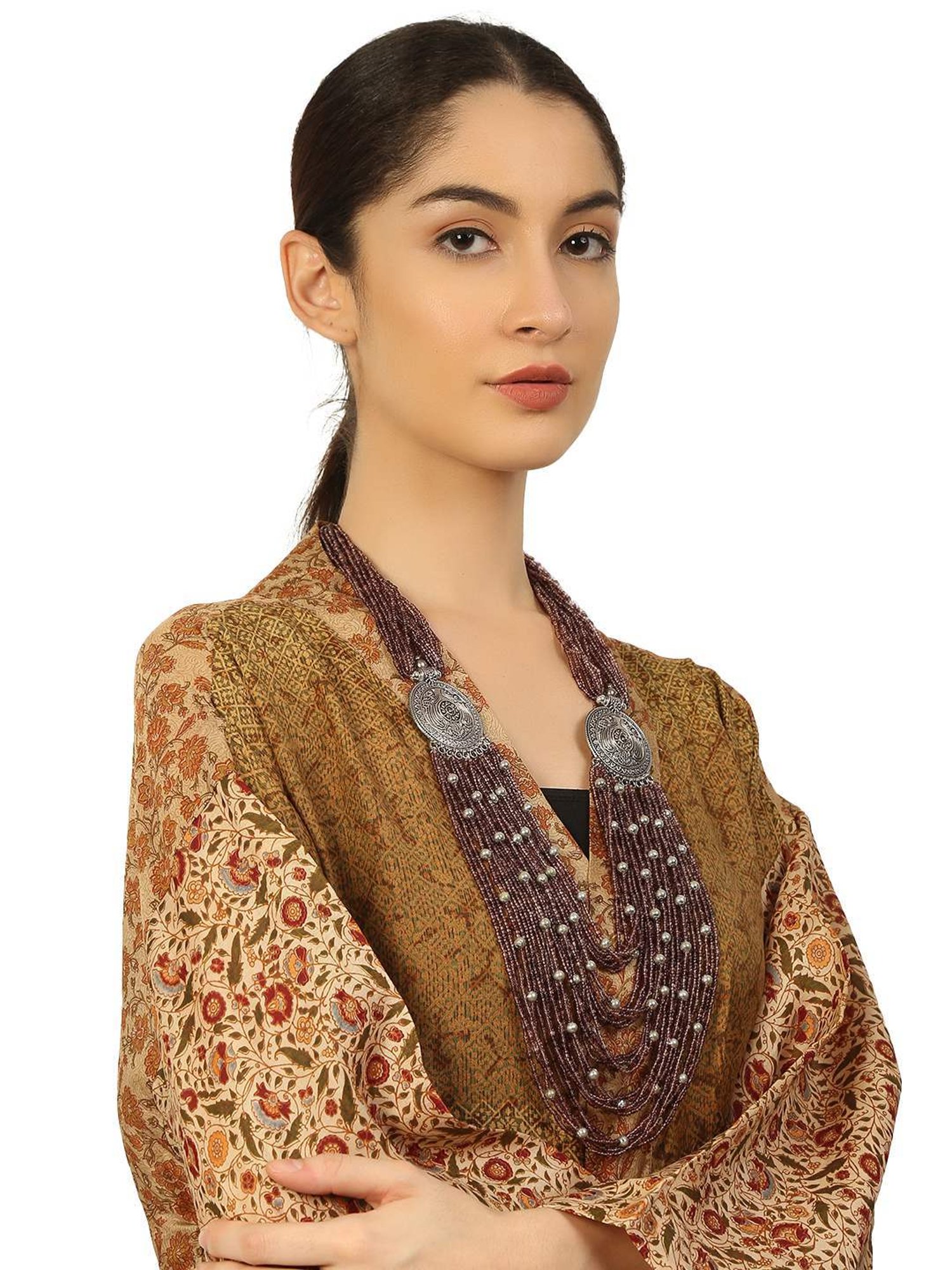 Imli Street Purple Silver Long Beaded Handcrafted Necklace