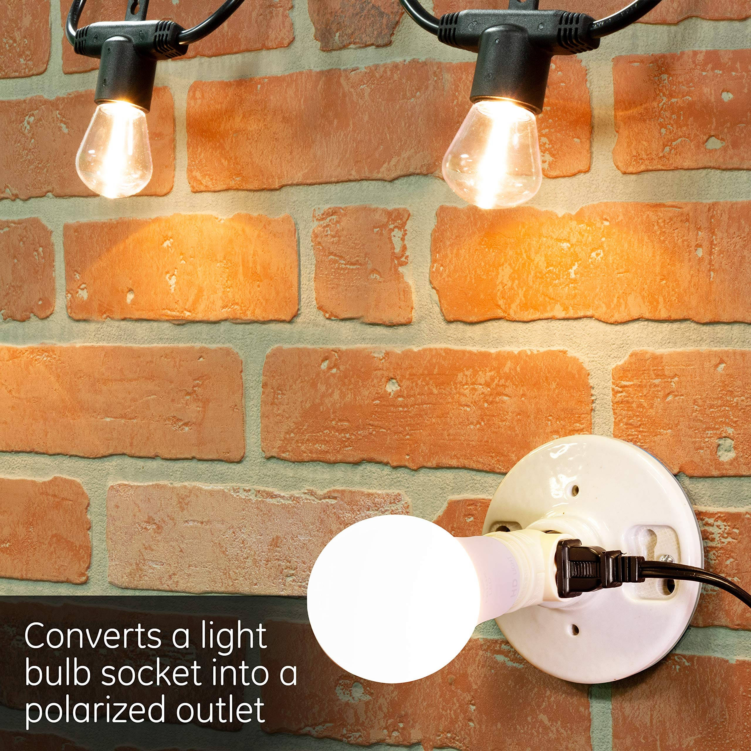 GE Adapter, L, Add Bulb, 2 Prong Polarized Outlets, Medium Base Socket, Use in Workshop, Garage or Utility Room, UL Listed, Light Almond, 54178