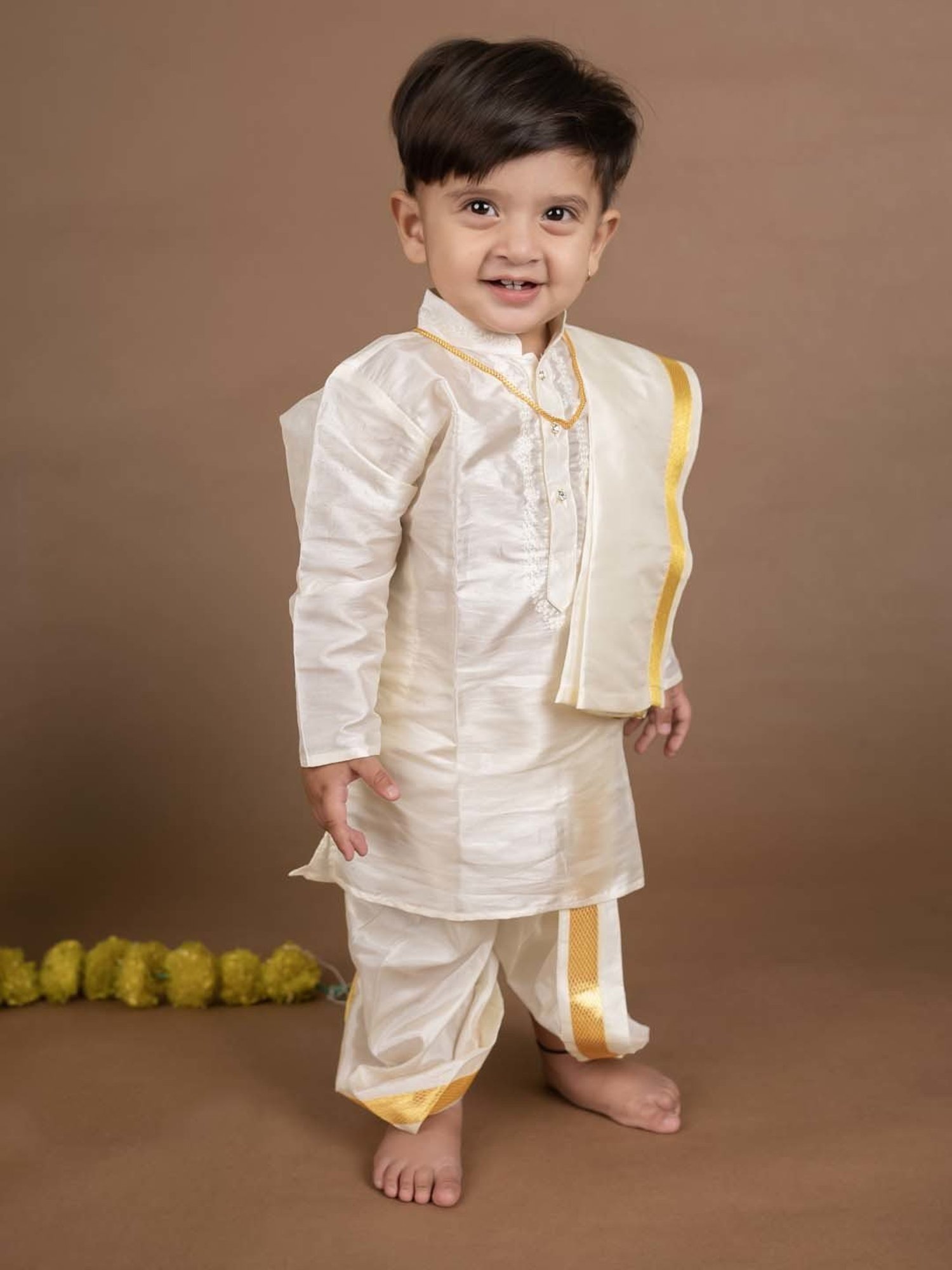 Baby Moo Kids Cream & Yellow Regular Fit Full Sleeves Kurta Set