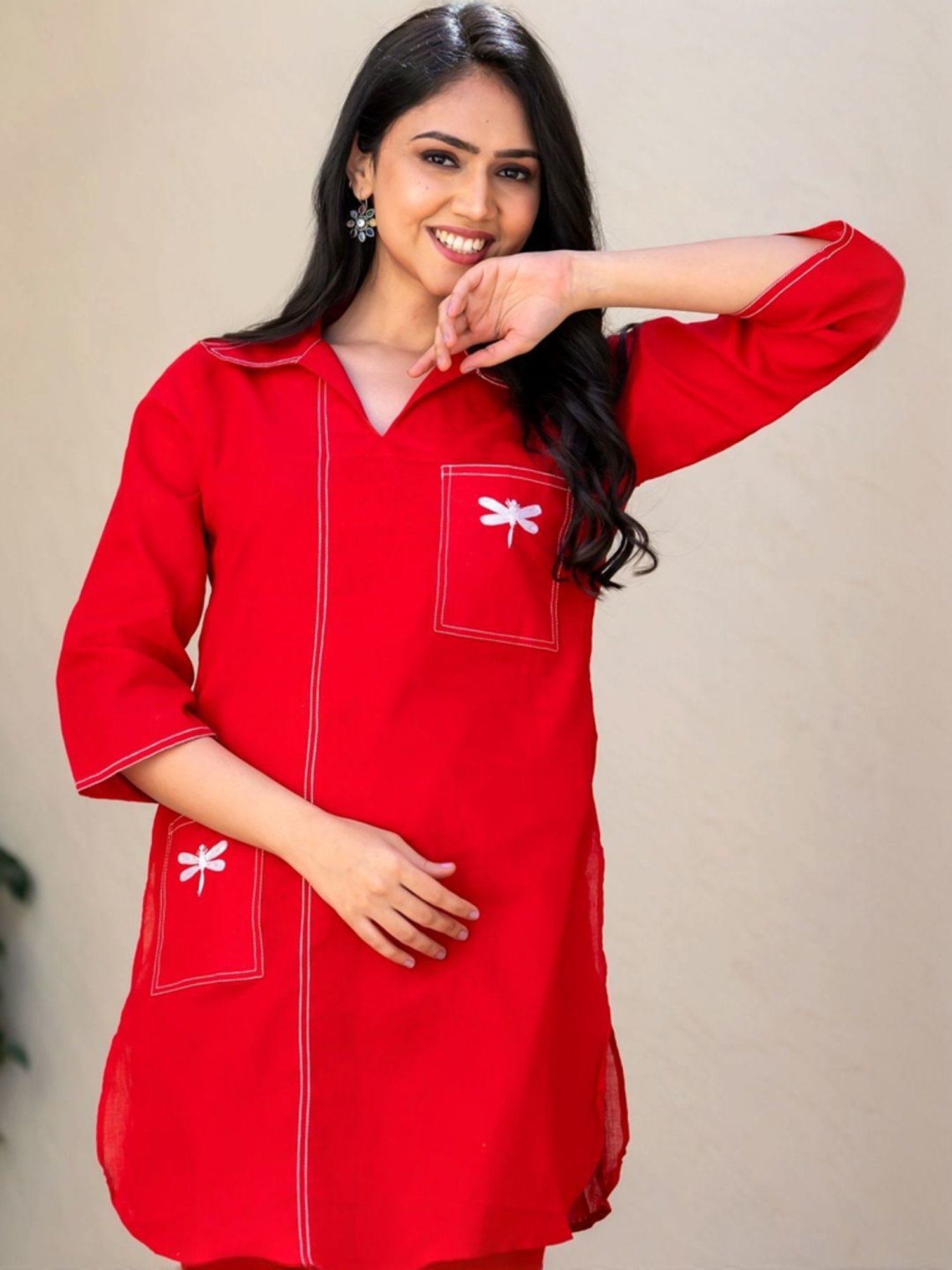 HOUSE OF JAMOTI Red Cotton Tunic Palazzo Set