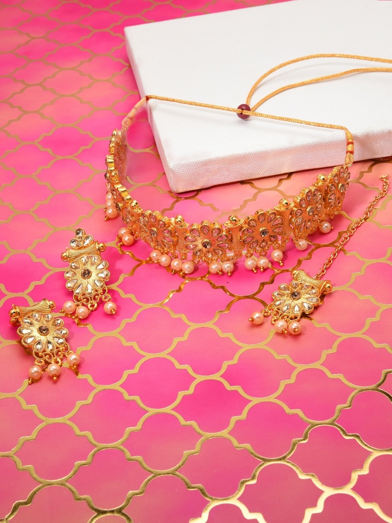 Zaveri Pearls Gold Tone Flowers & Pearls Choker Necklace, Earring & Maangtikka Set-ZPFK9845