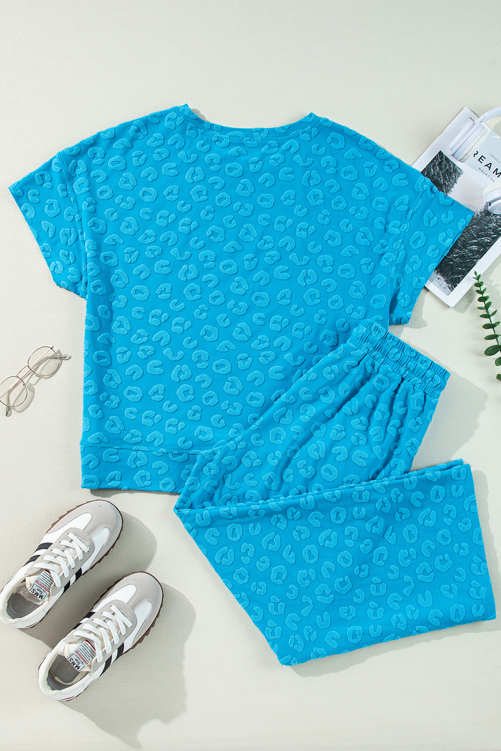 Green Solid Color Quilted Long Sleeve Top and Wide Leg Pants Set