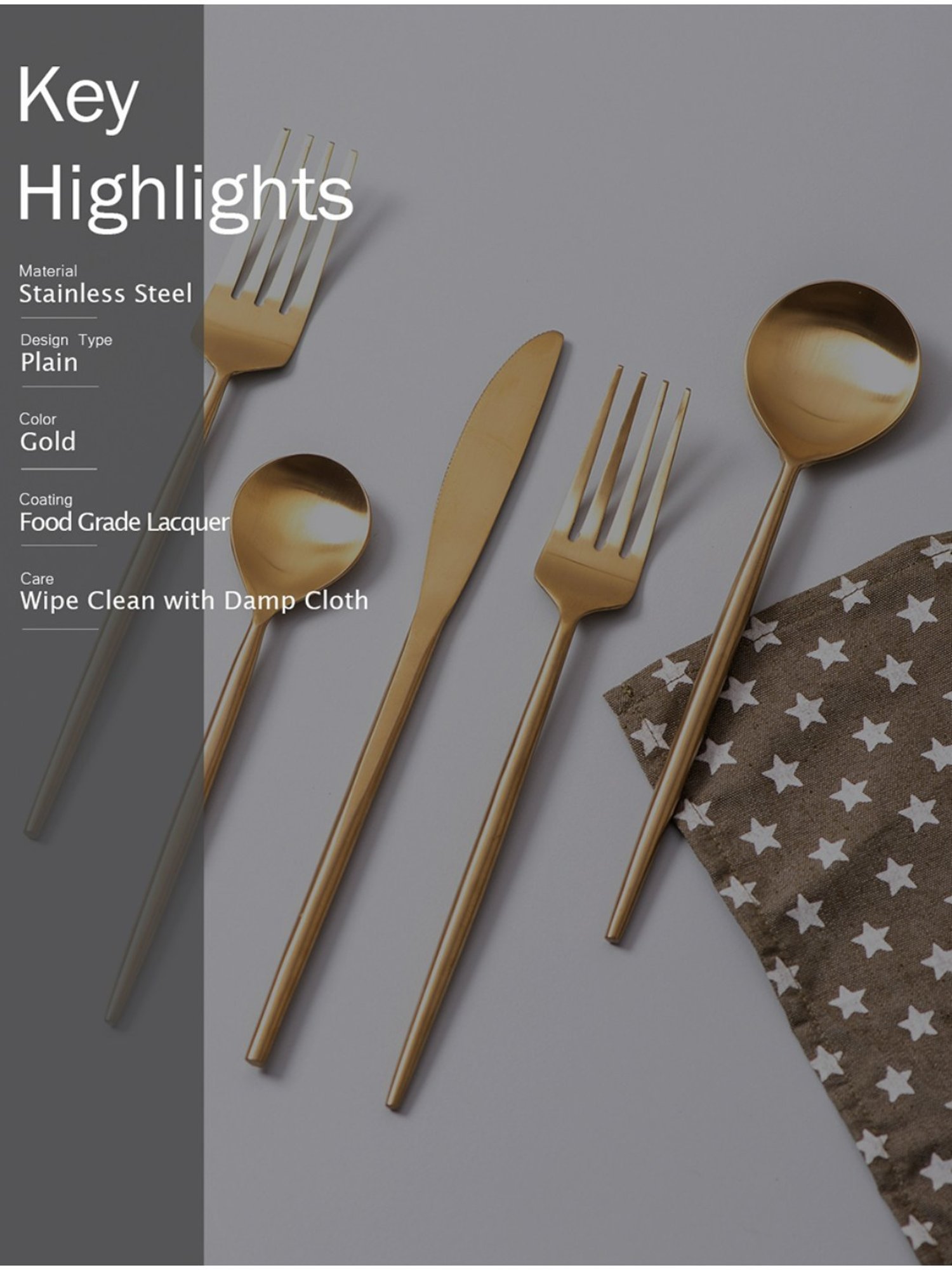 Nestroots Stailess Steel Cutlery Set for Dining Table Spoons & Forks Dinner Cutlery Set of 5 Gold