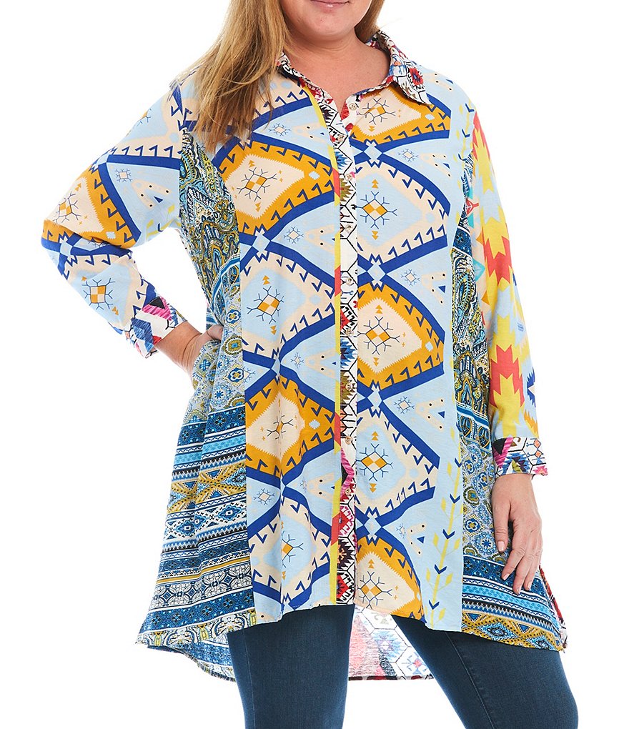 Calessa Plus Size Southwest Print Point Collar Neck Long Cuffed Sleeve Duster Tunic