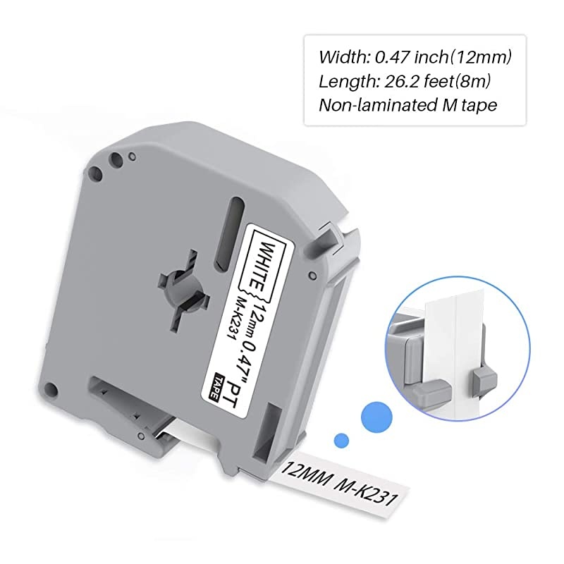 Compatible Label Tape Replacement for Brother Ptouch M-Tape M231 M-K231 MK231(12mm) 0.47Inch x (8m)26.2 Feet, Black on White Work with Ptouch PT-M95 PT-90 PT70 PT-65 PT85 4 Pack