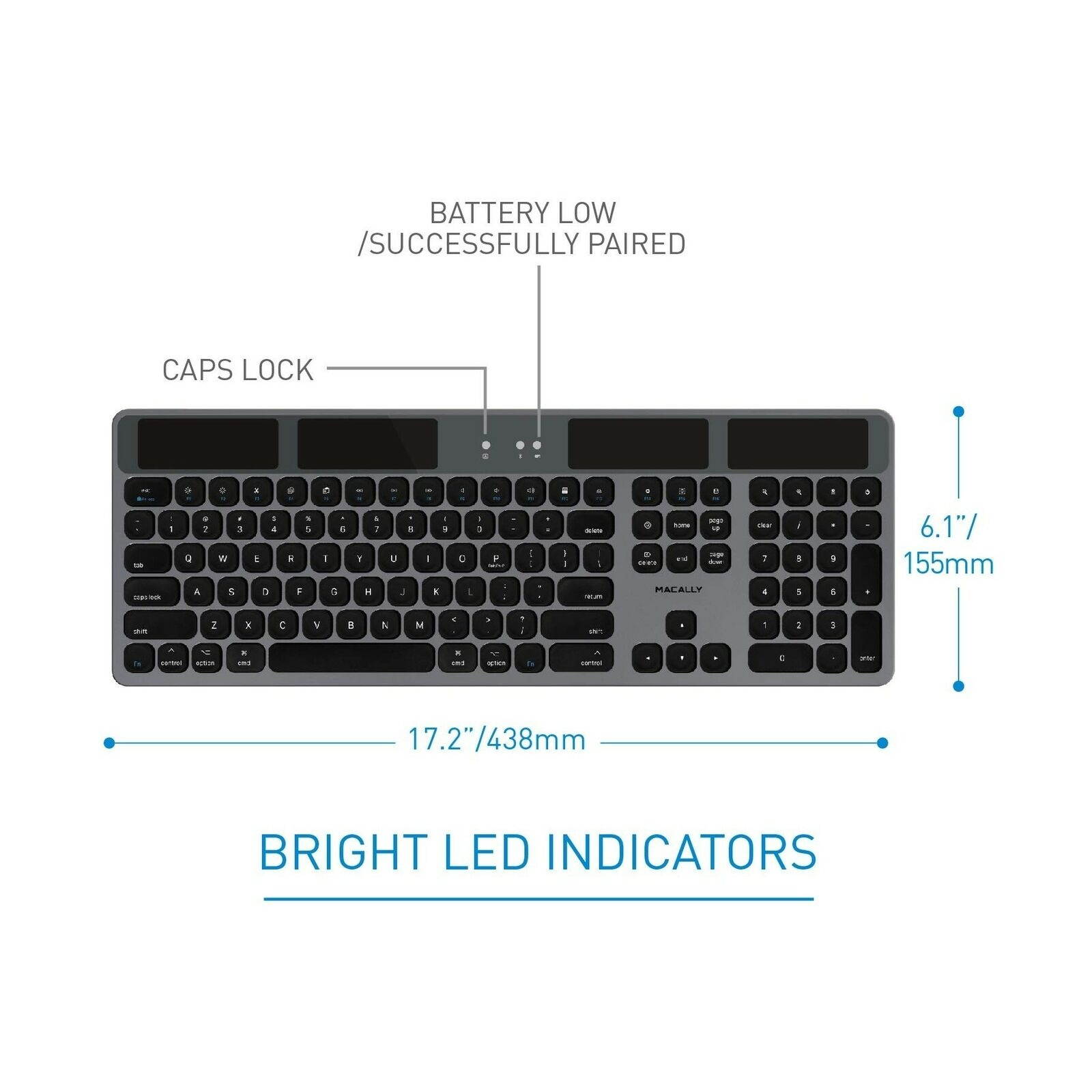 Macally Bluetooth Wireless Solar Keyboard for Mac Mini/Pro, iMac Desktop Computers & Apple MacBook Pro/Air Laptops | Rechargeable Via Any Light Source | Caps Lock/Battery Indicators - Space gray