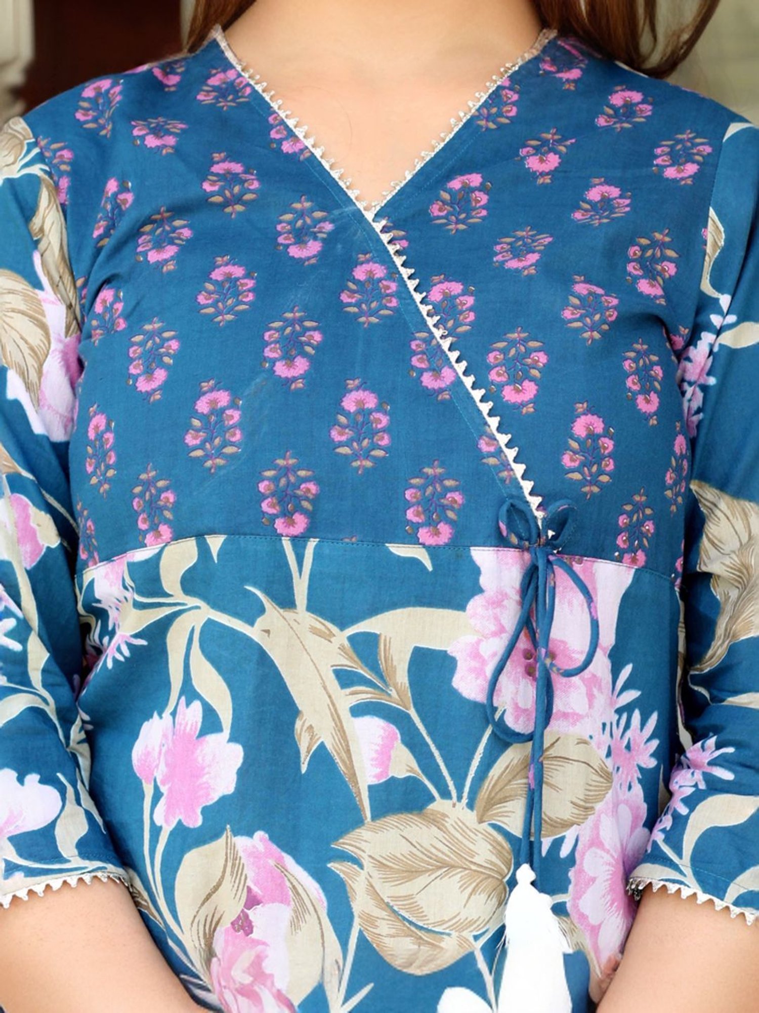 Miravan Blue Cotton Floral Print Kurta Palazzo Set