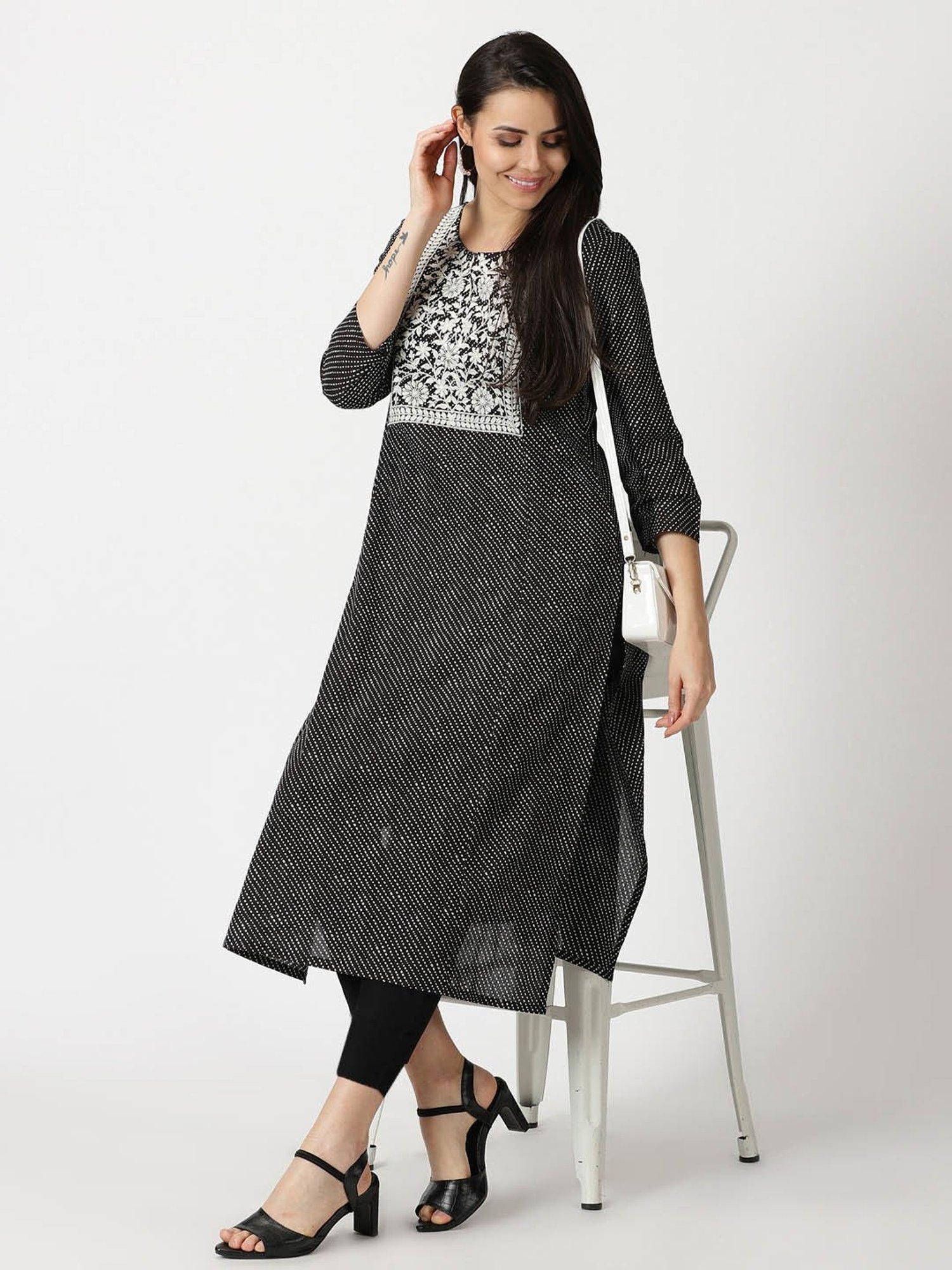 Saffron Threads Black Cotton Leheriya Print A Line Kurta