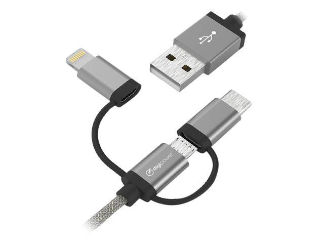DigiPower SP-MCL3-GRY 3-in-1 Charge & Sync Cable Lightning, USB-C and micro USB
