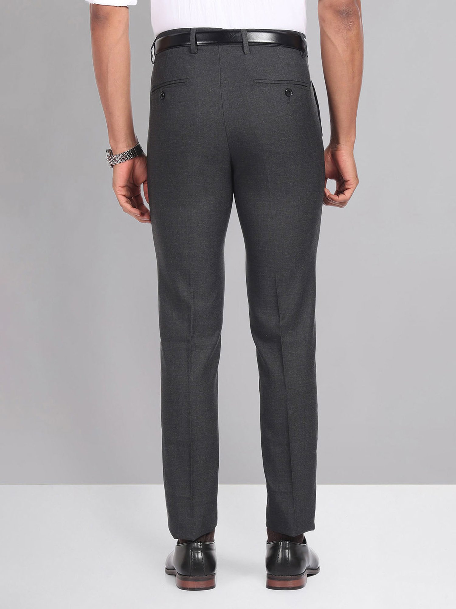 AD by Arvind Dark Grey Slim Fit Check Flat Front Trousers