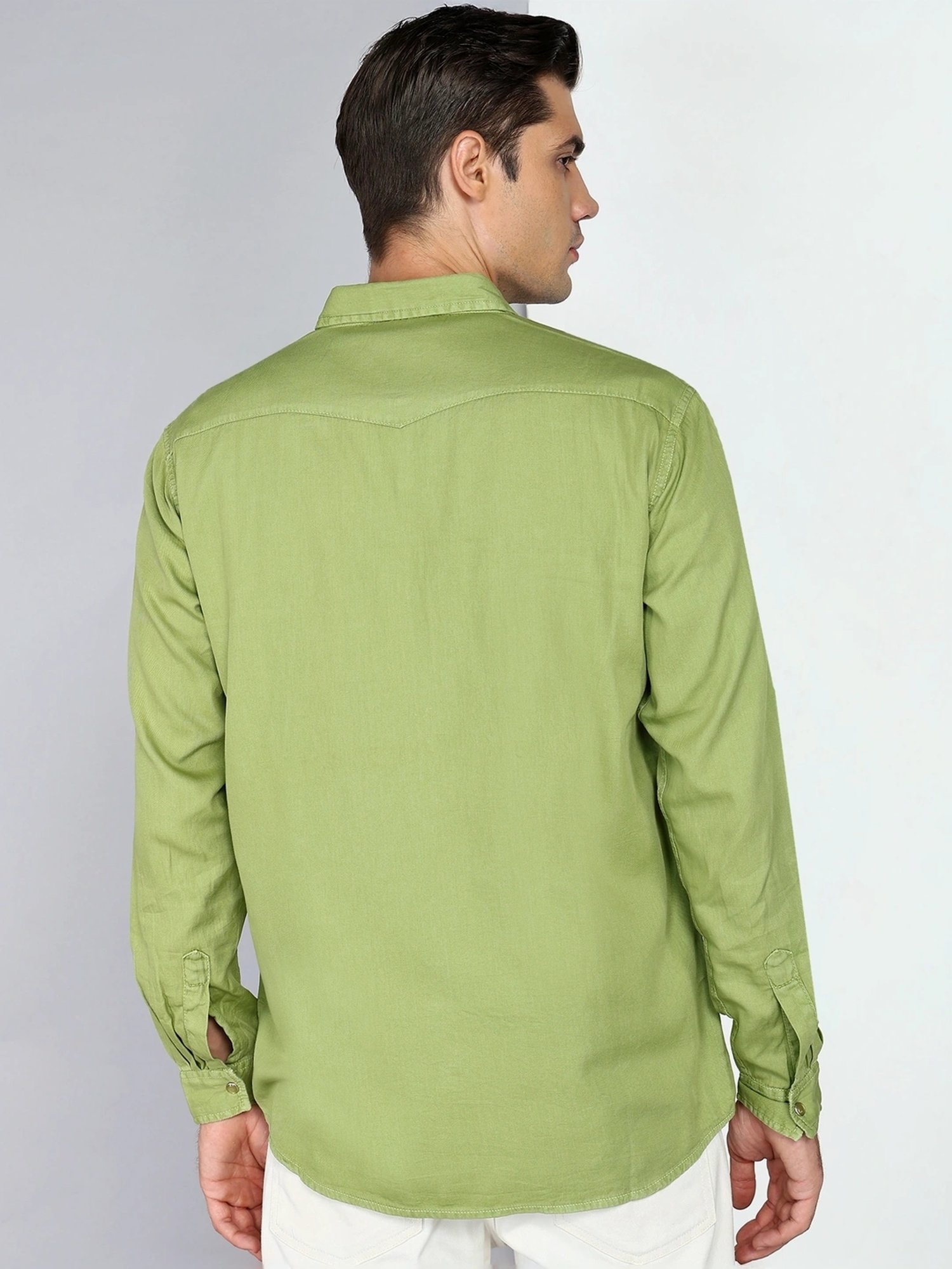 Kuons Avenue Apple Green Slim Fit Denim Shirt