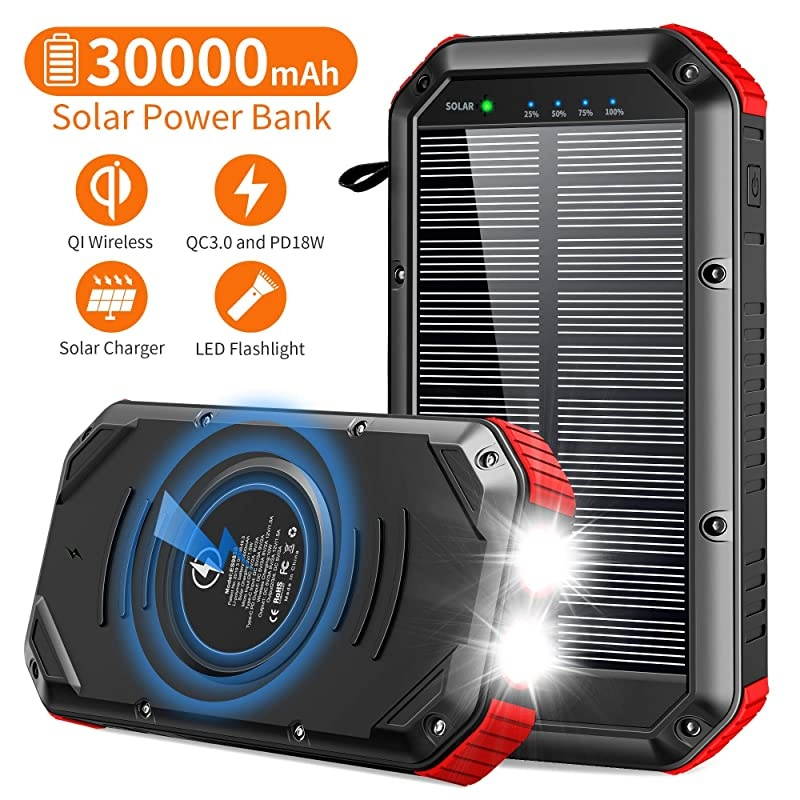 Charger,30000mAh Power Bank, PD 18W 3A Quick Charge, Wireless Protable Charger w/ 6 outputs Type-C, 4 Lighting Modes IP65 Waterproof Shockproof for iOS Android