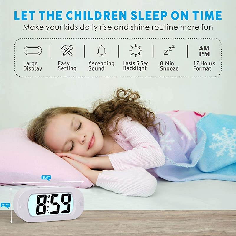 Kids Alarm Clock  Large Digital LCD Travel Alarm Clocks with Snooze and Night Light Ascending Sound and Handheld Size Best Gift for Kids White