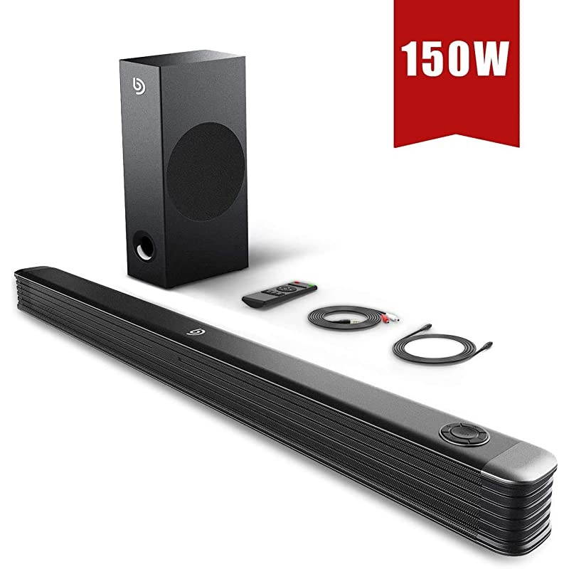 Soundbar with Wireless Subwoofer, 150W 2.1 CH Sound Bars for TV, Bass Adjustable, Works with 4K & HD TV, Clear Treble,Bluetooth 5.0 Speaker Surround Sound for Home Theater