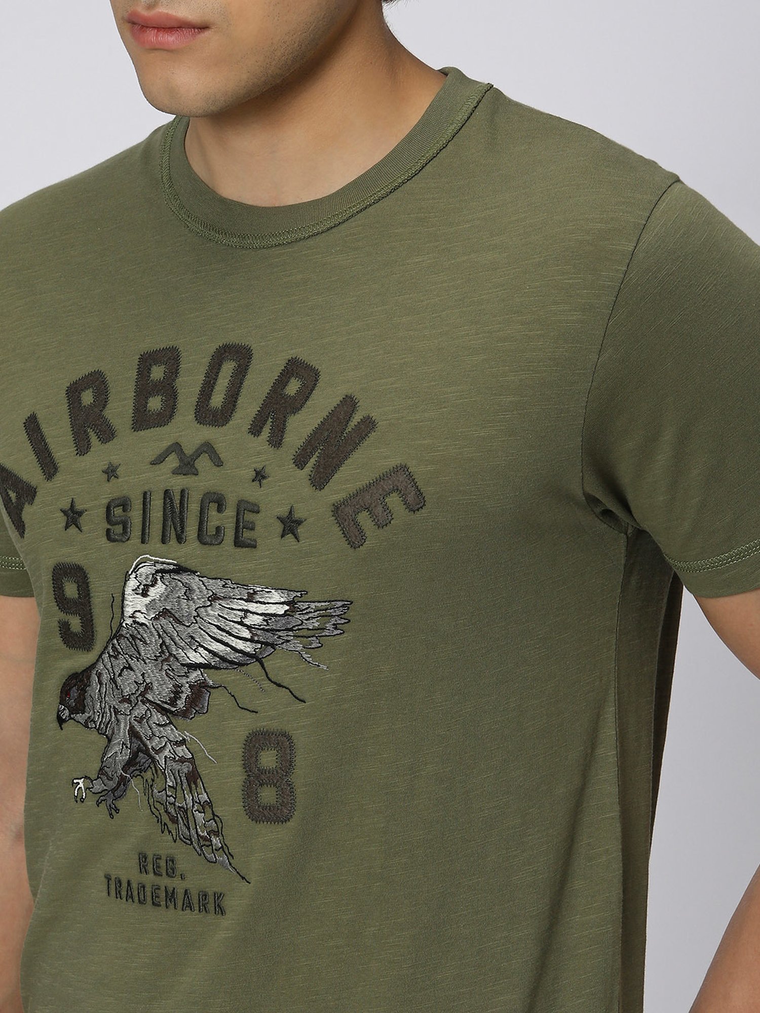 Mufti Olive Slim Fit Embroidered Cotton Crew T-Shirt