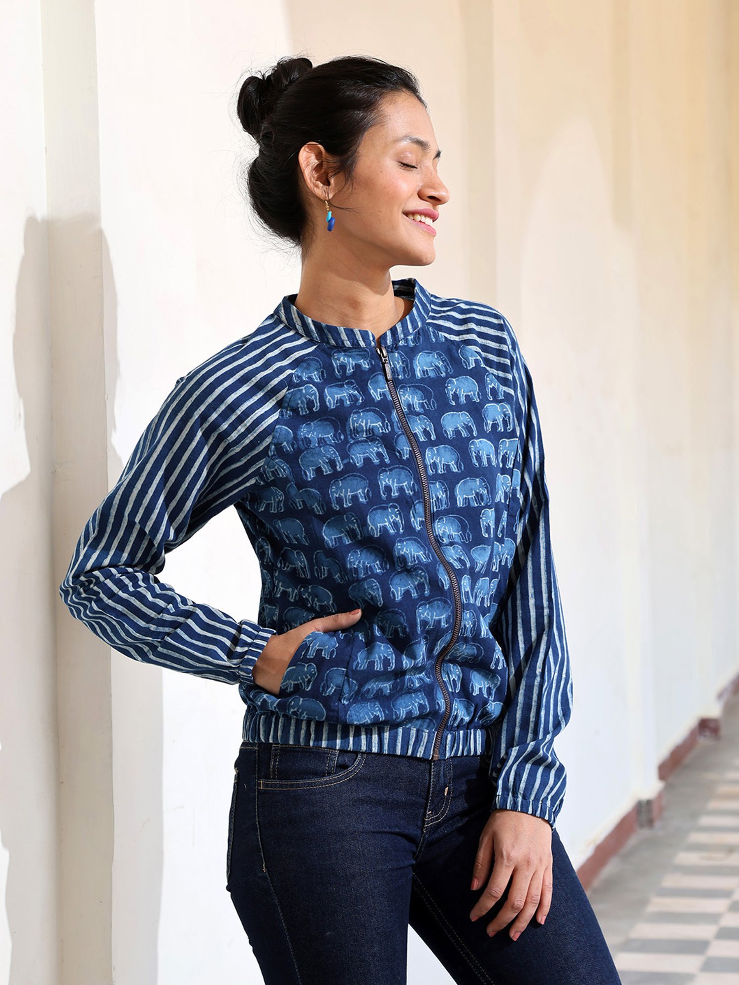 Okhai Indigo Pure Cotton Hand Block Print Bomber Jacket