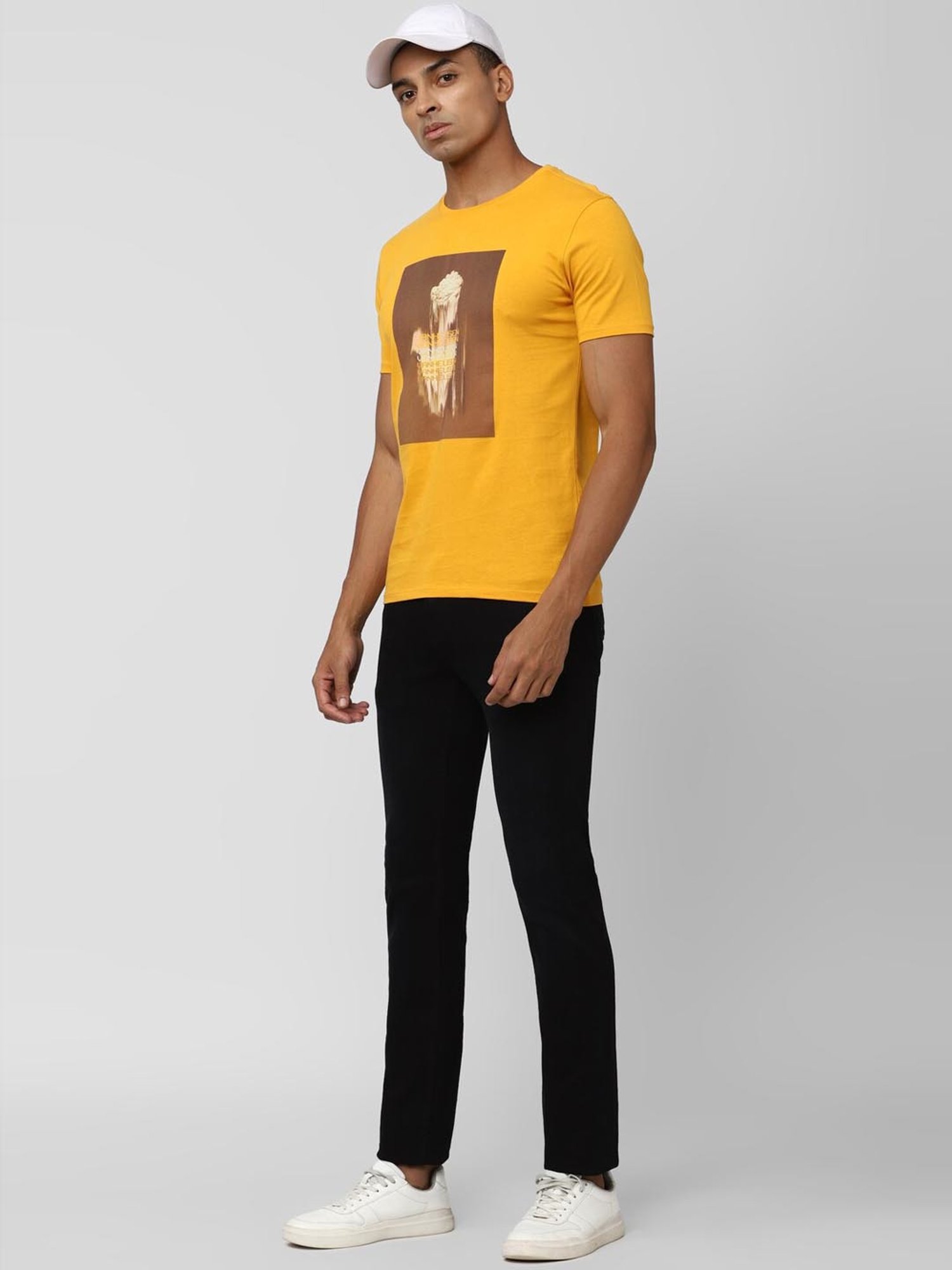 V Dot Yellow Cotton Slim Fit Printed T-Shirt