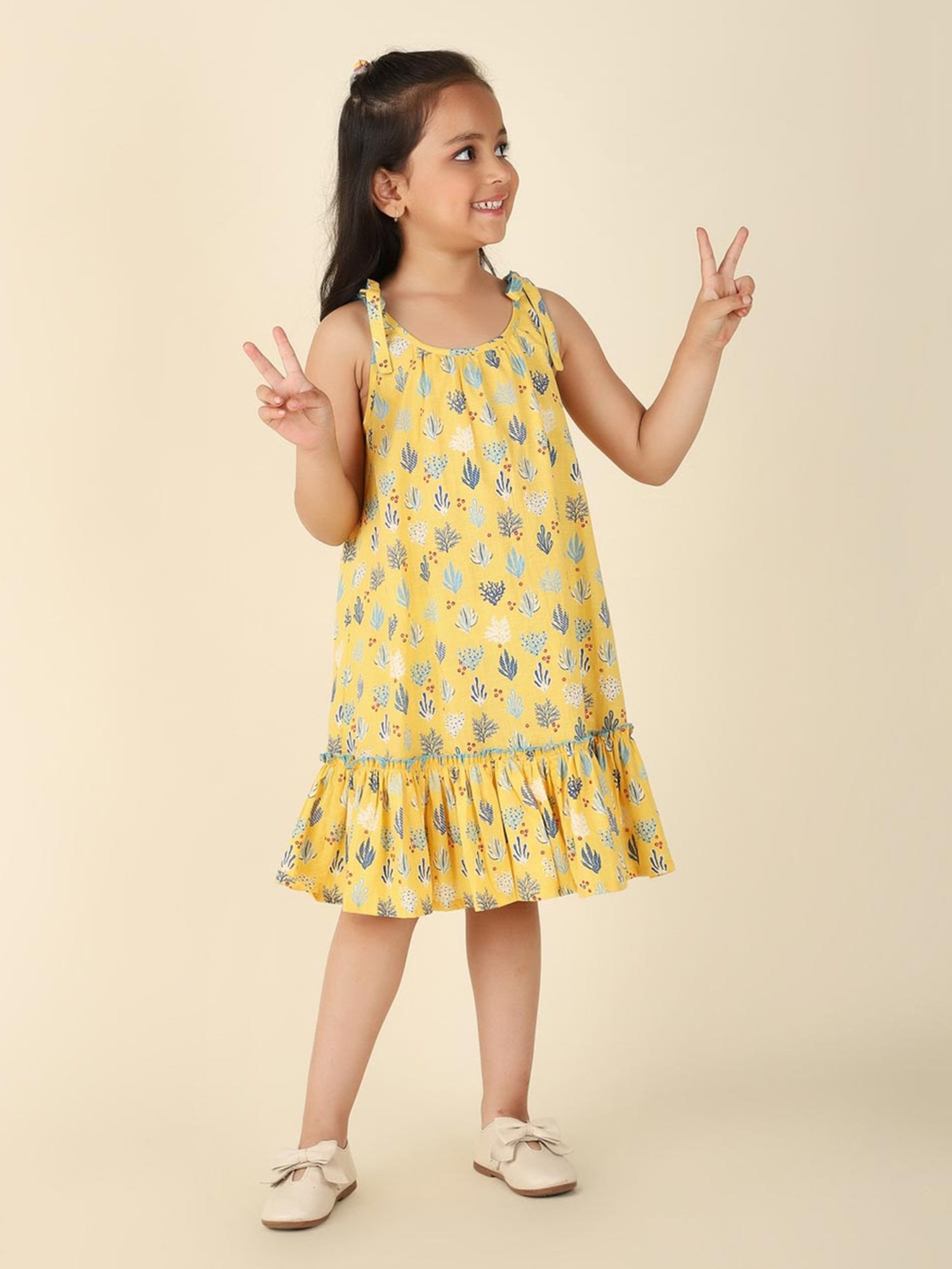Fabindia Kids Yellow Cotton Printed Dress