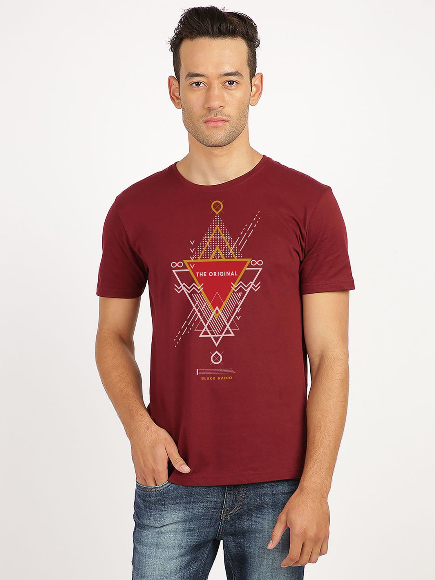 BLACK RADIO Maroon Slim Fit Printed Cotton Crew T-Shirt