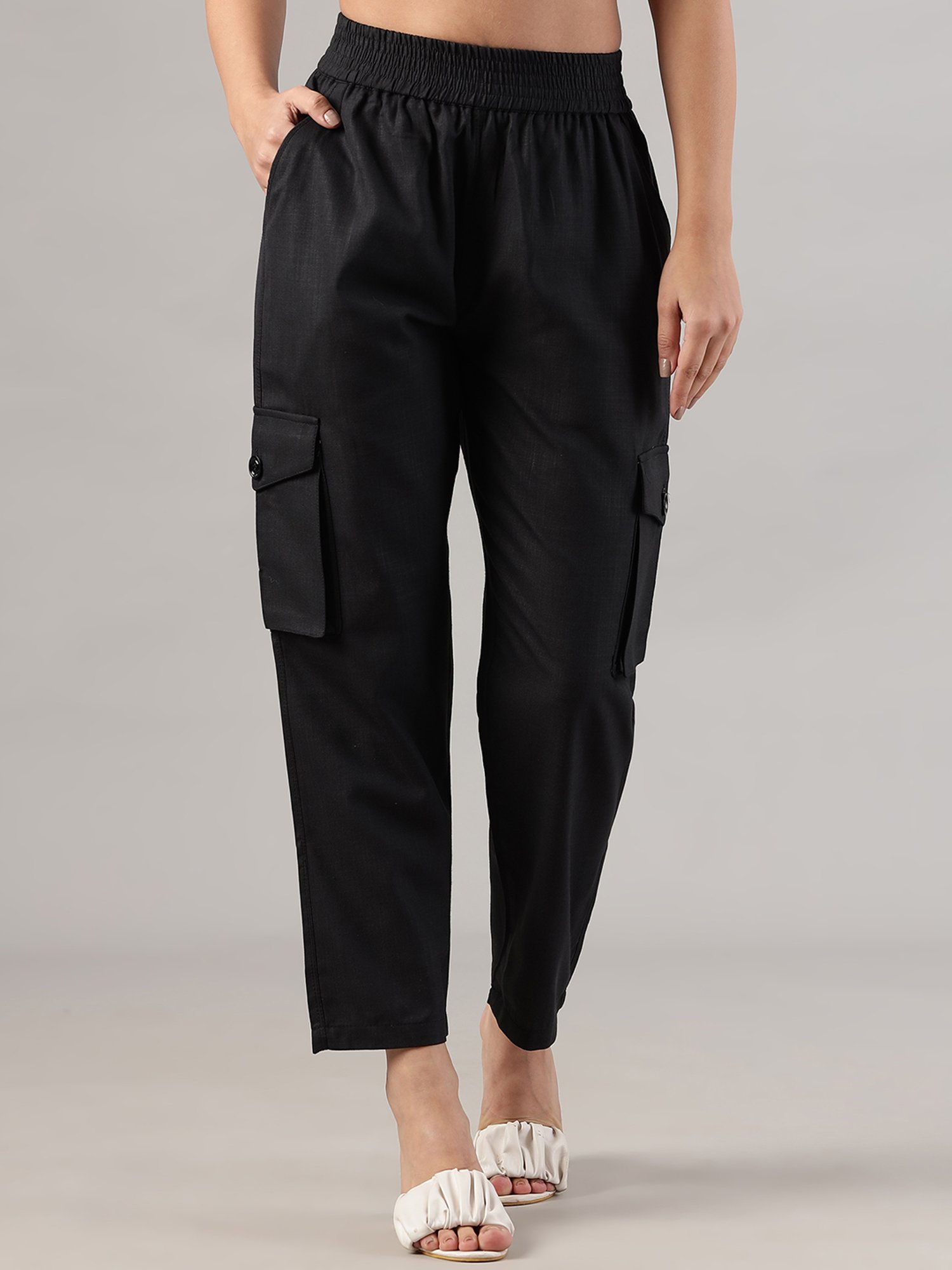 FITHUB Black Regular Fit High Rise Cargo Pants