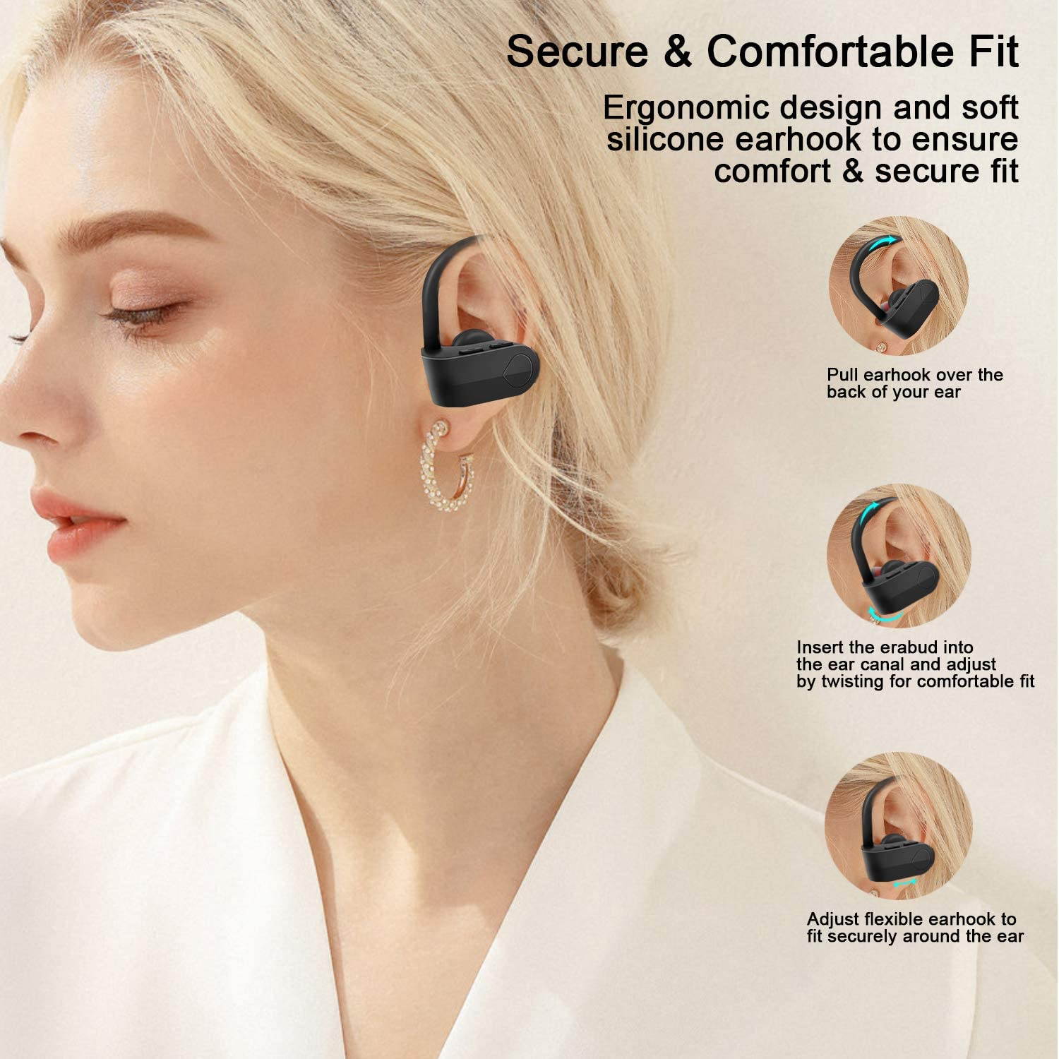 True Wireless Earbuds Bluetooth 5.0 Headphones-1.5H Charging Time/200H Standbytime HD Stereo Sound Headset Built-in Mic TWS Sport in-Ear Earphones for Work