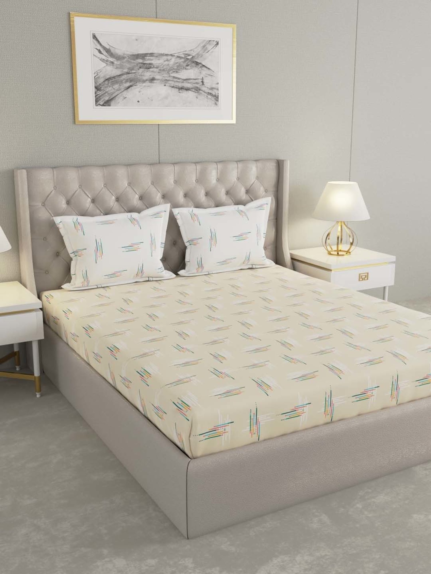 Raymond Home Beige Cotton 144 TC King Bedsheet with 2 Pillow Covers