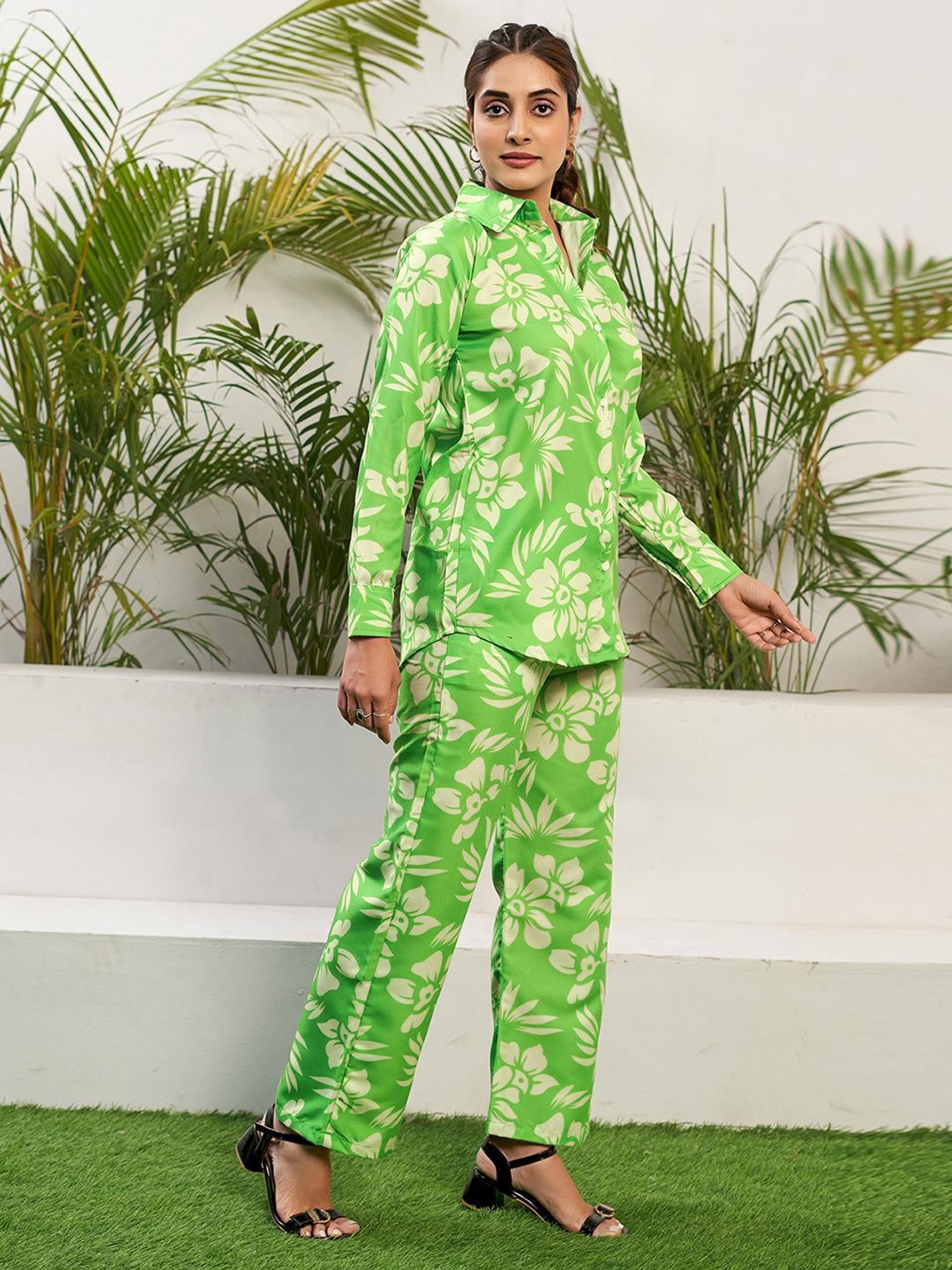 SELVIA Lime Green Floral Print Co-Ord Set