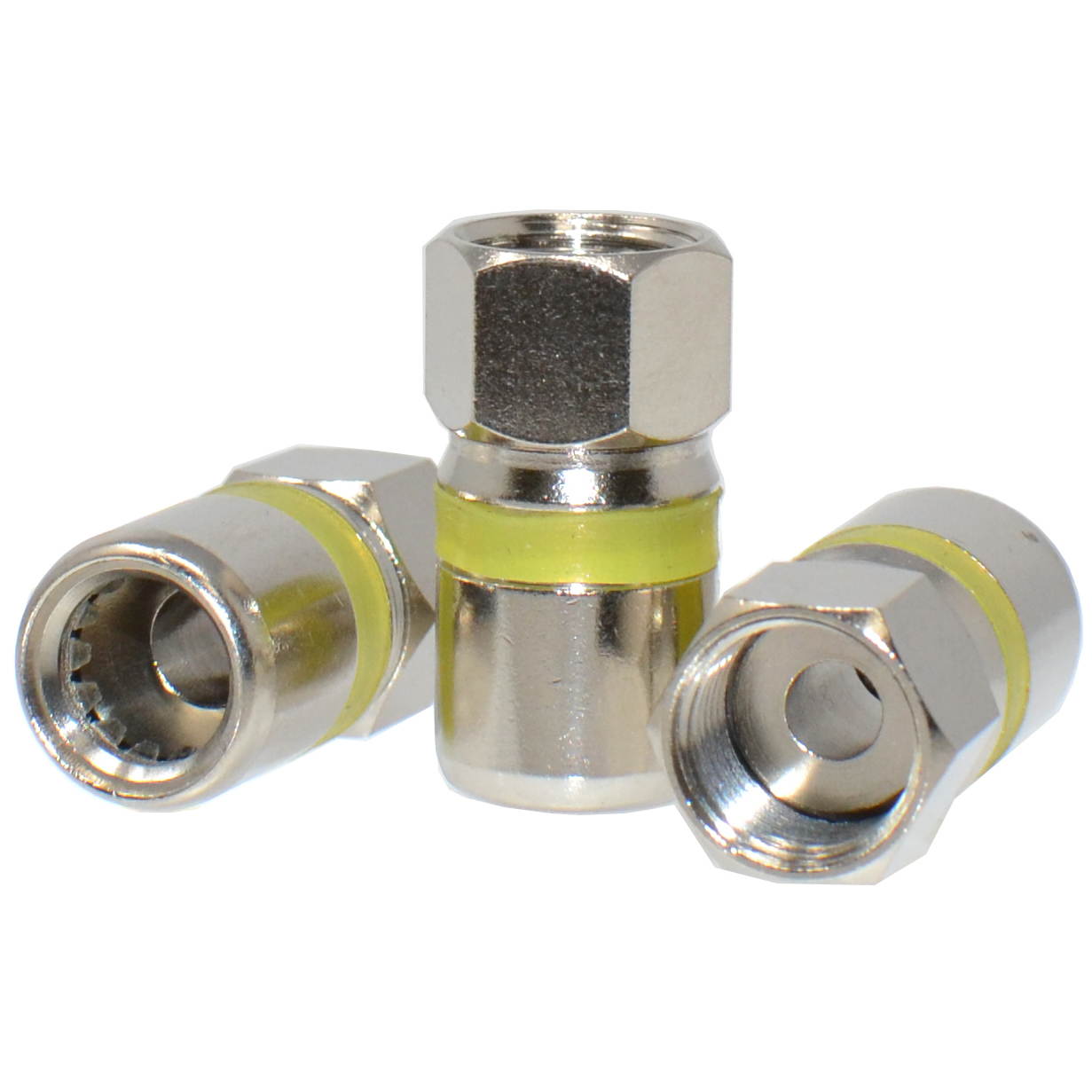 RG6 Quad Shield Coaxial to Self Lock F-Type Compression Connector Yellow (50/pk)